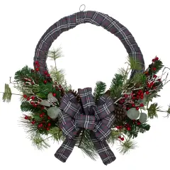 Northlight Mixed Foliage and Berries Artificial Christmas Plaid Fabric Half Wreath - 24" - Unlit Gray