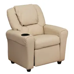 Emma and Oliver Contemporary Kids Recliner with Cup Holder and Headrest Beige Vinyl