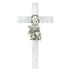 Roman Girl's Mother of Pearl First Communion Wall Cross White