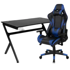 Emma and Oliver Gaming Bundle-Desk, Cup Holder/Headphone Hook & Reclining Chair Blue