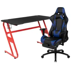 Emma and Oliver Desk Bundle-Gaming Desk, Cup Holder, Headphone Hook and Reclining Chair Blue
