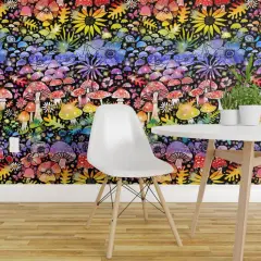 Pre-Pasted Wallpaper 2FT Wide Rainbow Mushrooms Colorful Sunflower Anemone Botanical Woodland Red Blue Custom Pre-pasted Wallpaper by Spoonflower