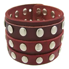 Brown Leather 3 Row Metal Studs Wristband Wrist Band