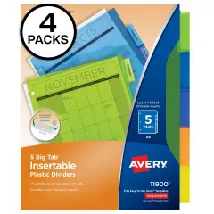 Big Tab Insertable Plastic Dividers, 5 Multicolor Tab, 4 Sets (11900)