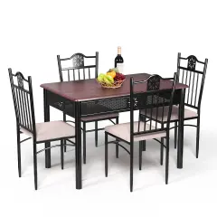 5 Pieces Dining Set Wood Metal Table and 4 Chairs with Cushions Beige