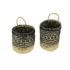 Set of 2 Geometric Pattern Hand-Woven Seagrass Round Baskets Bohemian Decor
