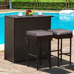 Costway Patio 3PCS Rattan Bar Table Stool Set Cushioned Chairs withCover