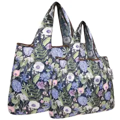 Wrapables Large & Small Foldable Tote Nylon Reusable Grocery Bags, Set of 2 Lavender Bouquet