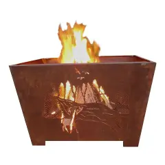 Esschert Design 24" Brown Rustic Finish Natural Scene Square Outdoor Fire Basket