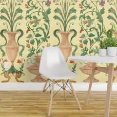Pre-Pasted Wallpaper 2FT Wide Yellow Floral Wallpaper Home Decor Large Scale Italian Renaissance Terra Cotta Italy Villa Frescoes Vase Custom Pre-pasted Wallpaper by Spoonflower