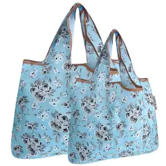 Wrapables Large & Small Foldable Tote Nylon Reusable Grocery Bags, Set of 2 Gray Floral