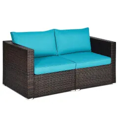 2PCS Patio Rattan Sectional Conversation Sofa Set Blue