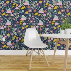 Pre-Pasted Wallpaper 2FT Wide Whimsical Forest Blue Snails Frogs Mushrooms Small Scale Custom Pre-pasted Wallpaper by Spoonflower