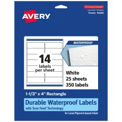 Avery Durable Waterproof Rectangle Labels with Sure Feed, 1-1/3" x 4"