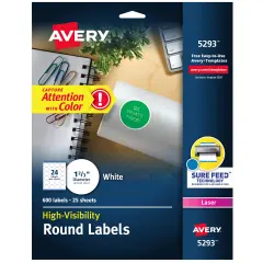 Avery High Visibility Round Labels with Sure Feed for Laser Printers, 1-2/3", 600 Labels (5293)