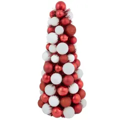Northlight 3-Finish Shatterproof Ball Christmas Tree with Tinsel - 15.75" - Red and White