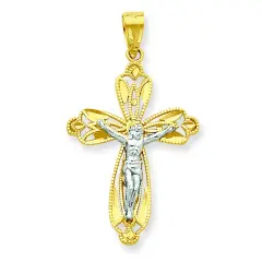10K Gold & Rhodium Plated Pendant Crucifix Charm Jewelry 30mm x 18mm