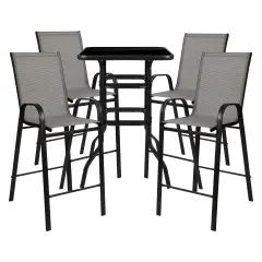 Emma and Oliver 5 Piece Outdoor Bar Height Set-Glass Patio Bar Table-All-Weather Barstools Gray