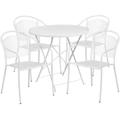 Emma and Oliver Commercial Grade 30" Round Metal Folding Patio Table Set w/ 4 Round Back Chairs White
