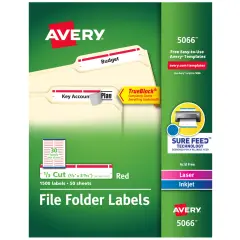 Avery TrueBlock File Folder Labels, 2/3" x 3-7/16", 1,500 Printable Labels, White/Red (5066)
