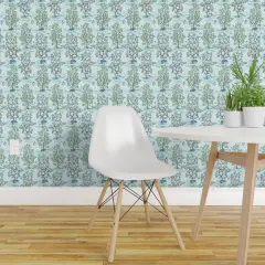 Pre-Pasted Wallpaper 2FT Wide Blue Floral Citrus Tree Botanical Toile Kitsch Fruit Grove Woodland Farm Lemon Orange Lime Small Scale Custom Pre-pasted Wallpaper by Spoonflower