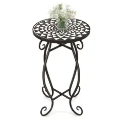 12" Round Ceramic Tile Table with Floral Mosaic Design and Metal Legs Ideal for Balcony or Deck Black & White