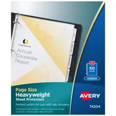 Avery Non-Glare Page-Size Sheet Protectors, Pre-Punched For Use With Tab Dividers, Top Load, 50 Document Protectors (74204) Clear