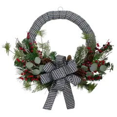 Northlight Black and White Houndstooth and Berry Artificial Christmas Wreath - 24-Inch, Unlit Green