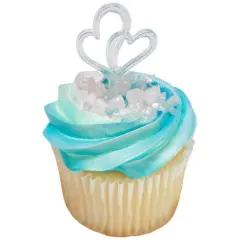 Double Heart Silver Cupcake or Cake Decorating plastic toppers 12 set