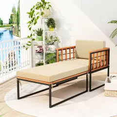 Patio Acacia Wood Armchair With Long Ottoman And Seat Back Cushions