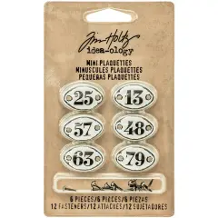 Idea-Ology Metal Number Plaquettes W/Brads 6/Pkg-White W/Black Numbers .5"X.75"