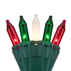 100 Red, Green, White Frost Mini Lights, Lamp Lock, Green Wire, 6" Spacing Themed
