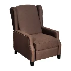 Emma and Oliver Leeds Fabric Upholstered Easy Push Back Recliner - Classic Wingback Design with Nailhead Accent Trim and Footrest Brown