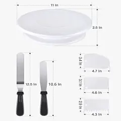 Cake Decorating Kit Baking Supplies Cake Turntable with 2 Frosting Straight Angled Spatula 3 Icing Smoother Scrapers Baking Accessories Tools for Beginners and Pros, White