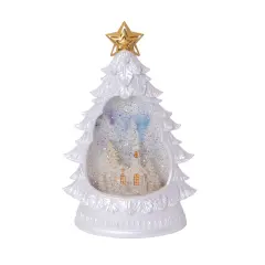 Gerson Lighted Water Globe Decoration, Christmas Tree Decor with Timer, Tree-Shaped Lit Shimmer Snow Globe with Snowy Church Scene, 12&rdquo;
