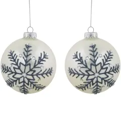 Northlight Glittered Snowflake Shiny Christmas Glass Ball Ornaments - 4" - White - Set of 2