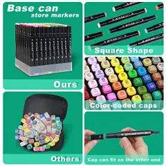 60 Colors Alcohol Markers Dual Tip Markers Art Markers Set, Unique Colors (1 Marker Case) Alcohol-based Ink, Fine & Chisel, Black Penholder