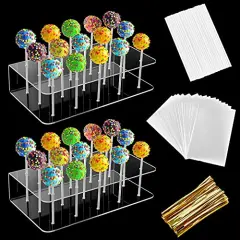2 Pack Upgraded Acrylic Cake Pop Display Stand 15 Hole Clear Acrylic Lollipop Holder with 50Pcs Lollipop Sticks, 50Pcs Packaging Bags and 50Pcs Gold Metallic Twist Ties
