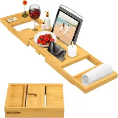 Bamboo Natural Wood Collapsible & Adjustable Bathtub Tray Table
