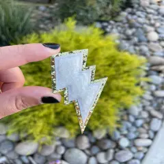 White Lightening Bolt Glitter Chenille Patch (self adhesive)