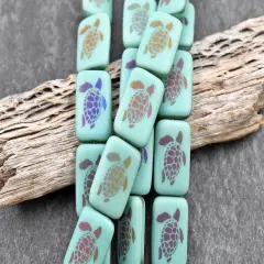 *6* 18x12mm Satin Matte Turquoise Sliperit Laser Tattoo Rectangle Turtle Beads