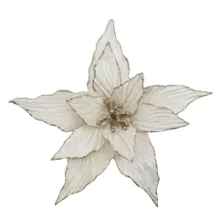 10" White Velvet Poinsettia Flower with Gold Trim &ndash; Elegant Christmas Decoration