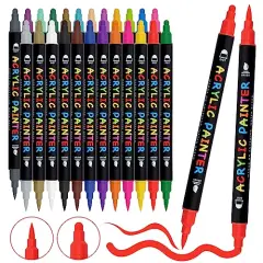 Paint Pens, 24 Colors Acrylic Paint Pens Paint Markers, Dual Tip Pens With Medium Tip and Brush Tip for Rock Painting, Wood, Ceramic, Fabric, Canvas, Easter Eggs, Pumpkin Kit, DIY Crafts