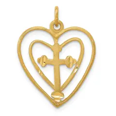 10K Yellow Gold Cross in Double Heart Charm Jewelry 30mm x 20mm