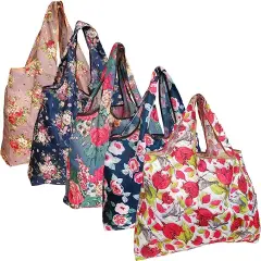 Wrapables Large Foldable Tote Nylon Reusable Grocery Bags, 5 Pack Assorted Floral