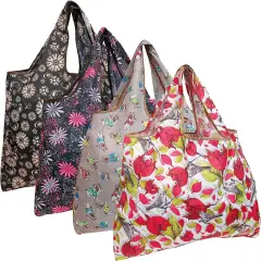 Wrapables Large Foldable Tote Nylon Reusable Grocery Bags, 4 Pack Bulldogs Flowers