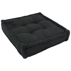 20-inch Square Corded Floor Pillow with Button Tufts - Black
