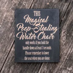 Magical Poop-Stealing Water Chair - Black Painted Wood Sign - 9x7in