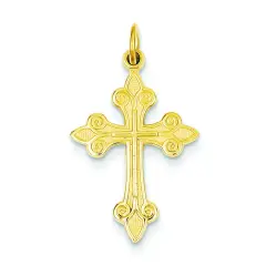 14K Yellow Gold Fleur De Lis Cross Pendant Charm Jewerly 30mm x 16mm