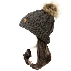 Wrapables Winter Warm Cable Knit Faux Fur Pom Pom Beanie Adult Charcoal Gray
